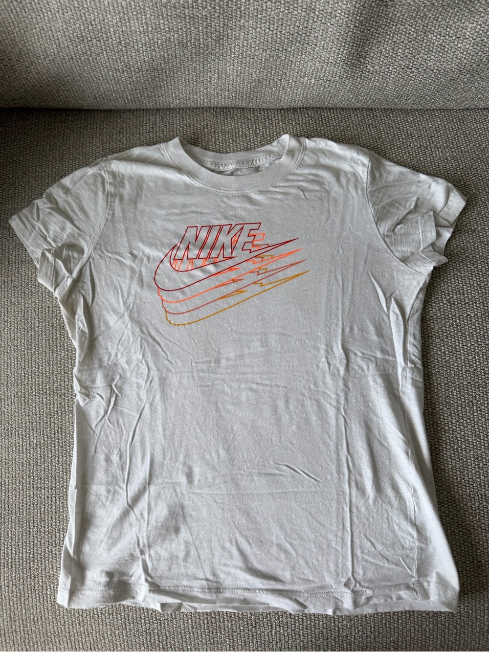 Nike Women's White Tee with Red-to-Orange Gradient Swoosh